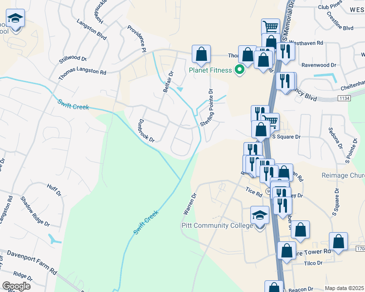 map of restaurants, bars, coffee shops, grocery stores, and more near 3955 Sterling Pointe Drive in Winterville