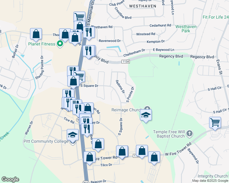 map of restaurants, bars, coffee shops, grocery stores, and more near 4000 Lucerne Court in Winterville