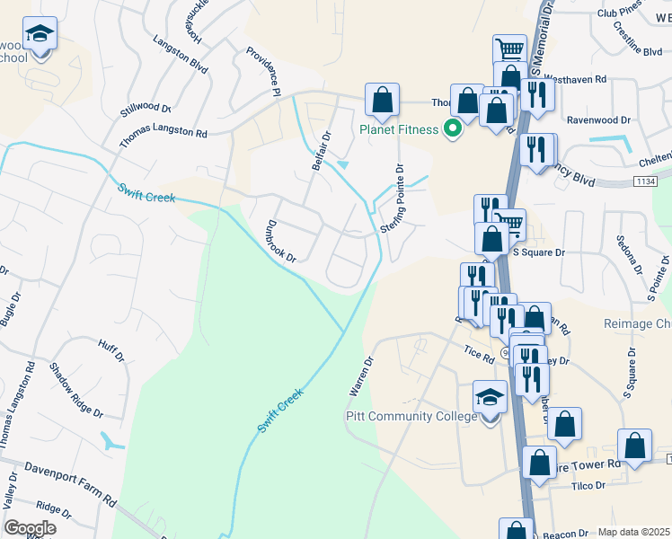 map of restaurants, bars, coffee shops, grocery stores, and more near 3949 Sterling Pointe Drive in Winterville