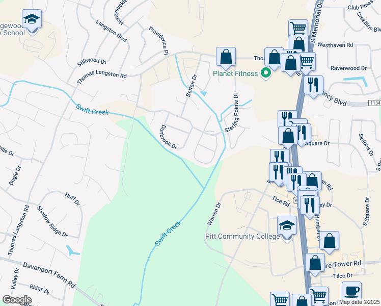 map of restaurants, bars, coffee shops, grocery stores, and more near 3989 Sterling Pointe Drive in Winterville