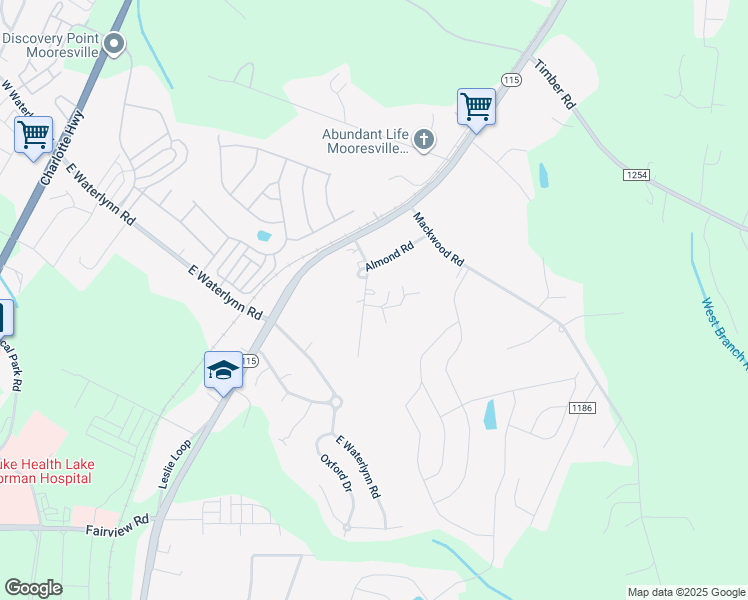 map of restaurants, bars, coffee shops, grocery stores, and more near 119 Moffett Lane in Mooresville