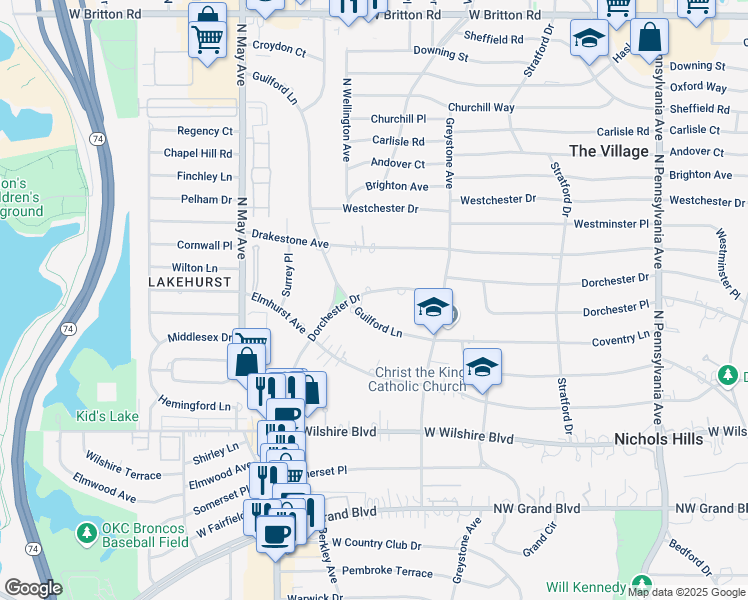map of restaurants, bars, coffee shops, grocery stores, and more near 2628 Dorchester Drive in Oklahoma City