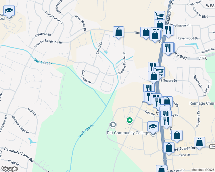 map of restaurants, bars, coffee shops, grocery stores, and more near 3949 Sterling Pointe Drive in Winterville