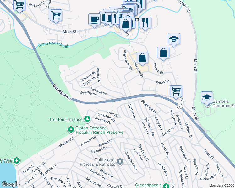 map of restaurants, bars, coffee shops, grocery stores, and more near 2711 Wilton Drive in Cambria