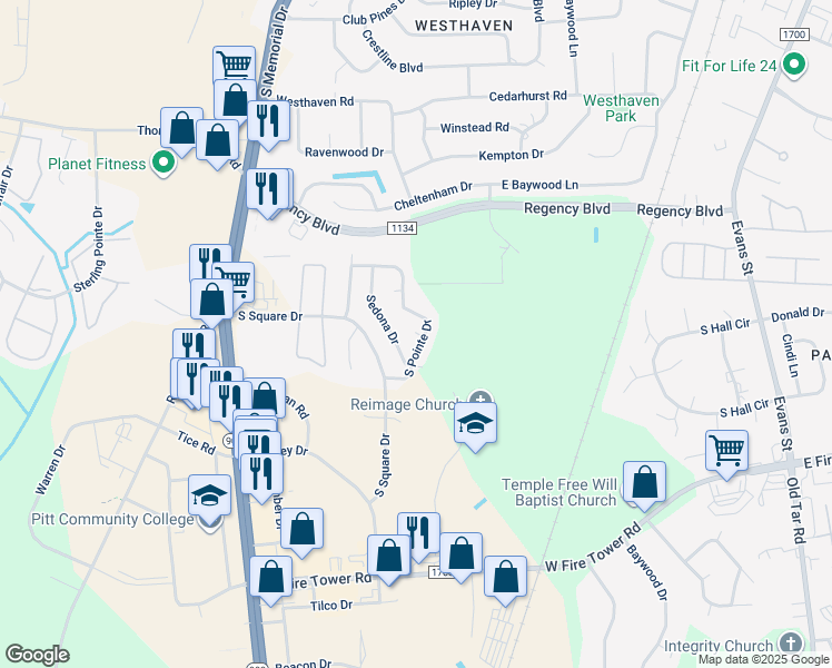 map of restaurants, bars, coffee shops, grocery stores, and more near 341 South Pointe Drive in Winterville