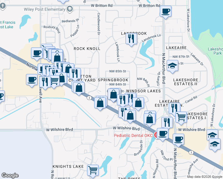 map of restaurants, bars, coffee shops, grocery stores, and more near 6300 Northwest 84th Street in Oklahoma City