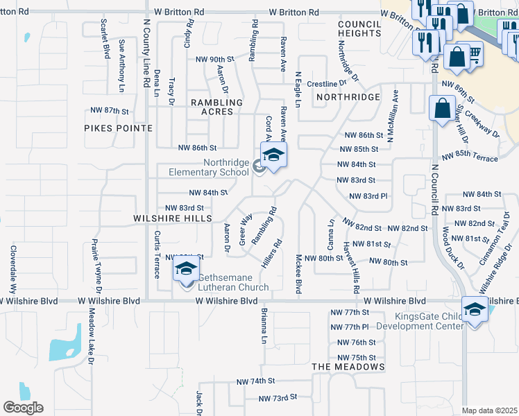 map of restaurants, bars, coffee shops, grocery stores, and more near 8504 Northwest 82nd Street in Oklahoma City