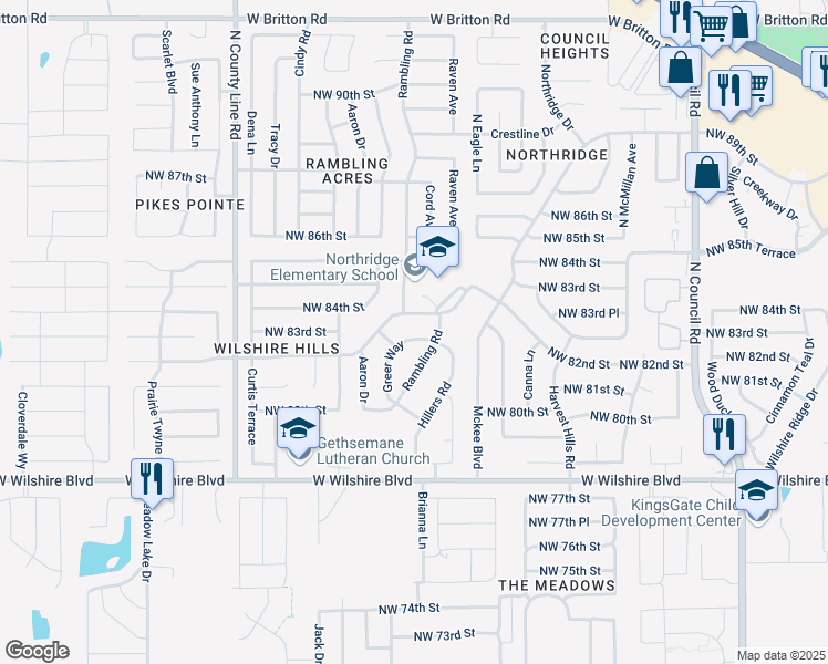 map of restaurants, bars, coffee shops, grocery stores, and more near 8504 Northwest 82nd Street in Oklahoma City