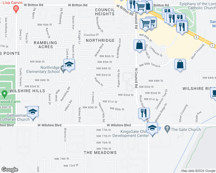 map of restaurants, bars, coffee shops, grocery stores, and more near 8205 Northwest 83rd Terrace in Oklahoma City