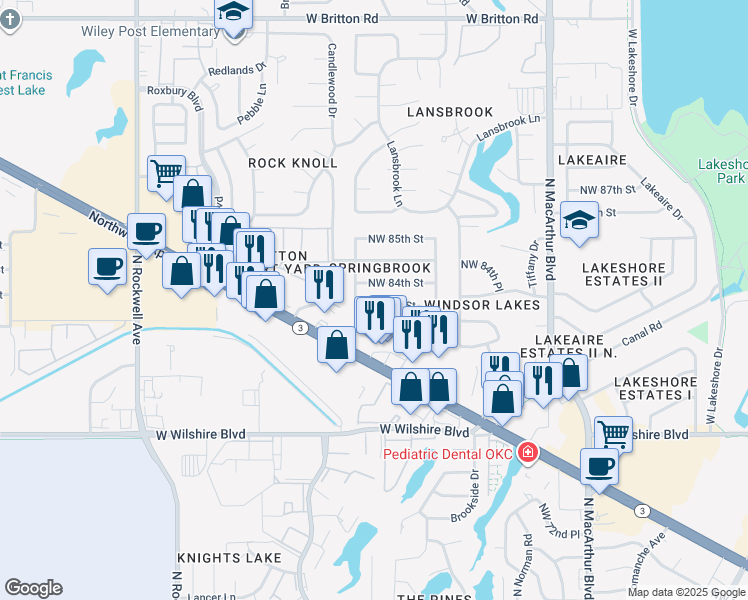 map of restaurants, bars, coffee shops, grocery stores, and more near 6300 Northwest 84th Street in Oklahoma City