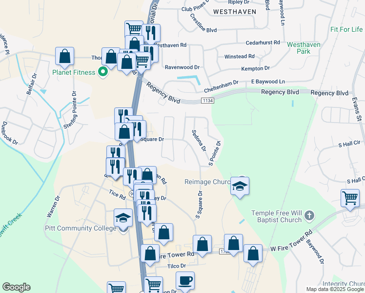 map of restaurants, bars, coffee shops, grocery stores, and more near 4004 Lucerne Court in Winterville