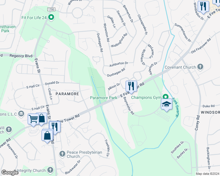 map of restaurants, bars, coffee shops, grocery stores, and more near 3908 Albion Drive in Winterville