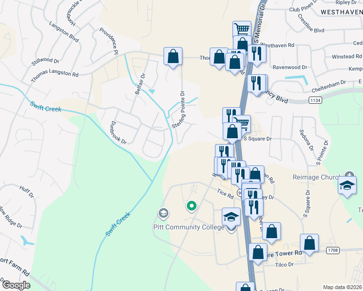 map of restaurants, bars, coffee shops, grocery stores, and more near 3917 Sterling Pointe Drive in Winterville