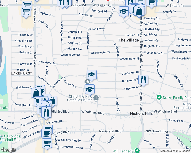 map of restaurants, bars, coffee shops, grocery stores, and more near 1834 Dorchester Place in Nichols Hills