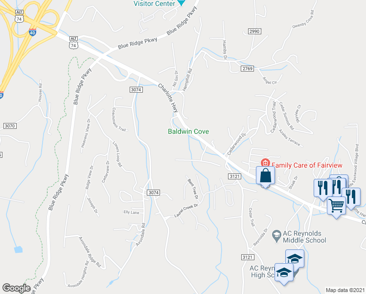 map of restaurants, bars, coffee shops, grocery stores, and more near 101 Charlotte Highway in Asheville