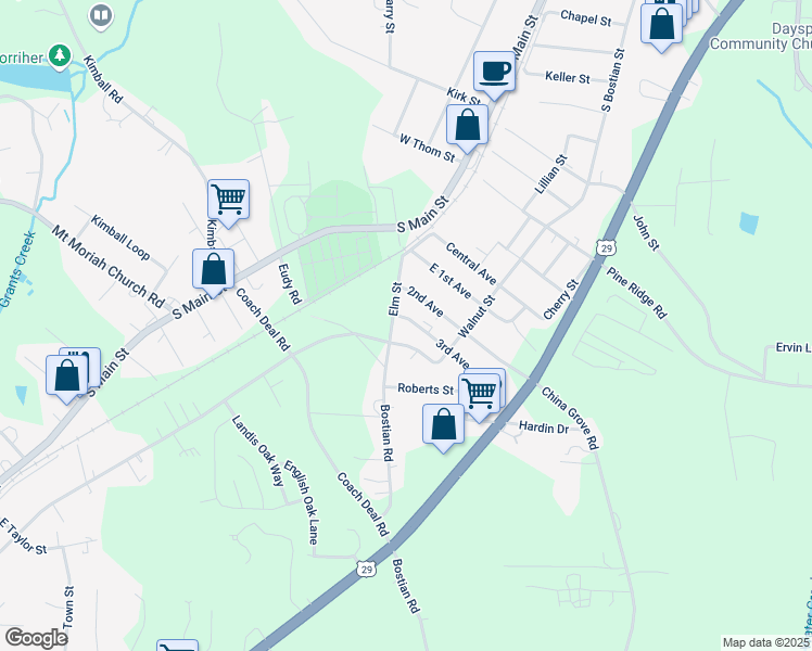 map of restaurants, bars, coffee shops, grocery stores, and more near 179 3rd Avenue in China Grove
