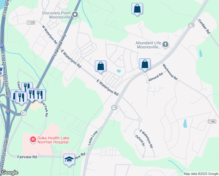 map of restaurants, bars, coffee shops, grocery stores, and more near 116b Morning Mist Lane in Mooresville