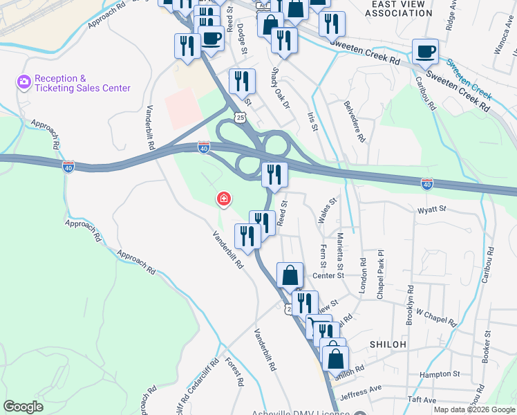 map of restaurants, bars, coffee shops, grocery stores, and more near in Asheville