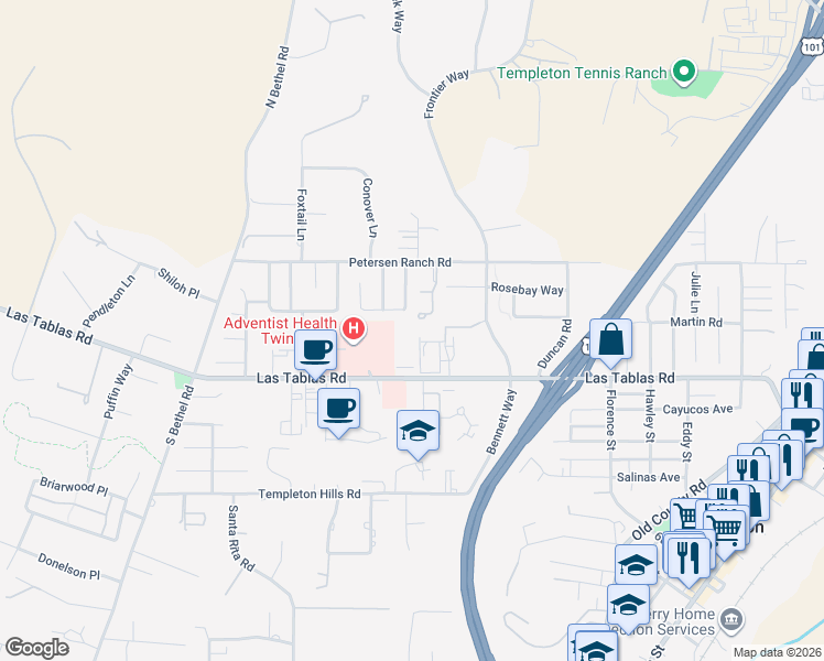 map of restaurants, bars, coffee shops, grocery stores, and more near 1050 Las Tablas Road in Templeton