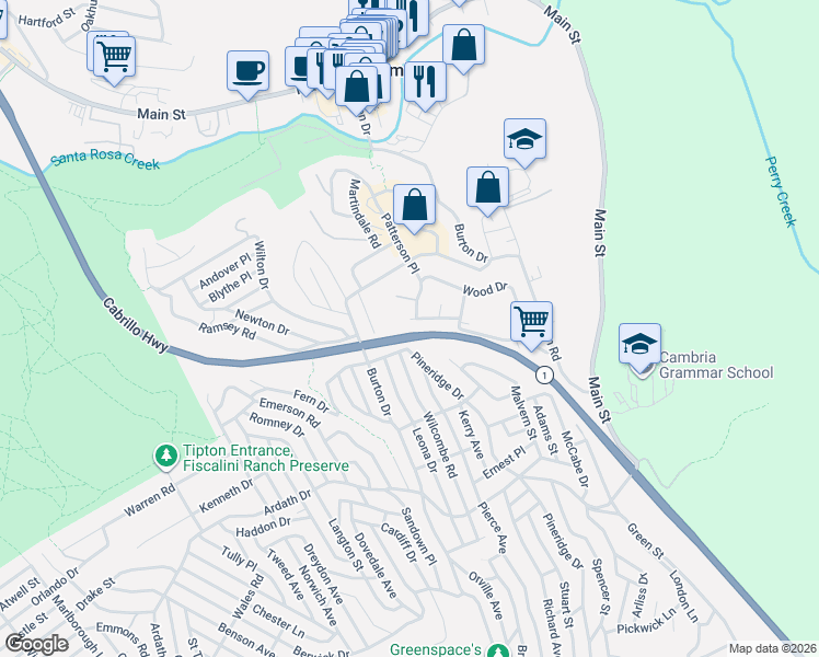 map of restaurants, bars, coffee shops, grocery stores, and more near 2896 Buckingham Place in Cambria