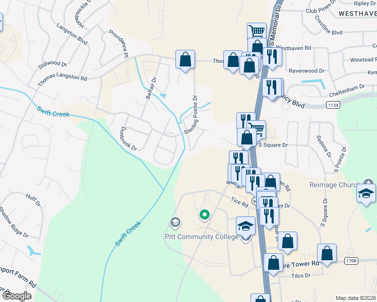 map of restaurants, bars, coffee shops, grocery stores, and more near 3917 Sterling Pointe Drive in Winterville