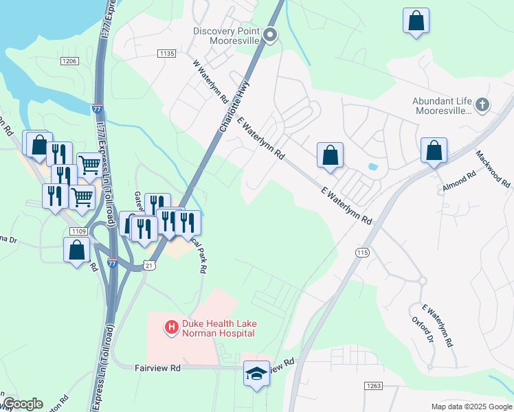 map of restaurants, bars, coffee shops, grocery stores, and more near Tommys Lane in Mooresville