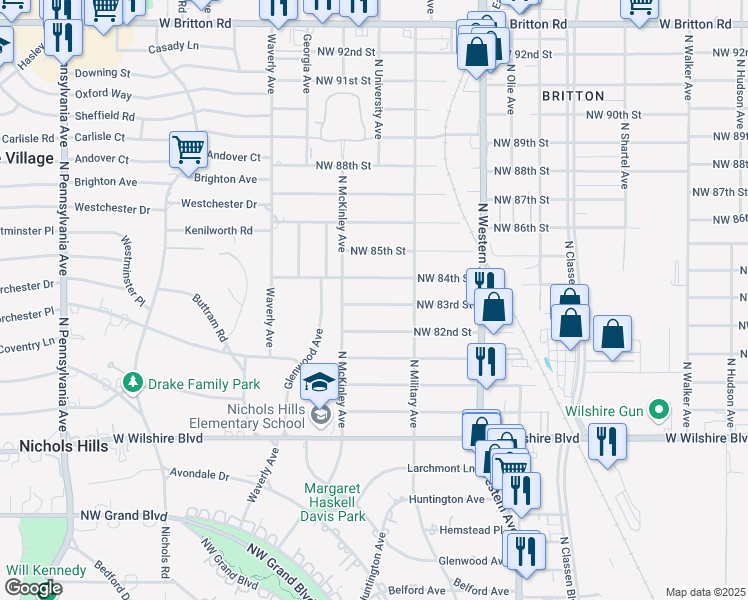map of restaurants, bars, coffee shops, grocery stores, and more near 1237 Northwest 83rd Street in Oklahoma City