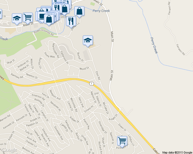 map of restaurants, bars, coffee shops, grocery stores, and more near 3169 Wood Drive in Cambria