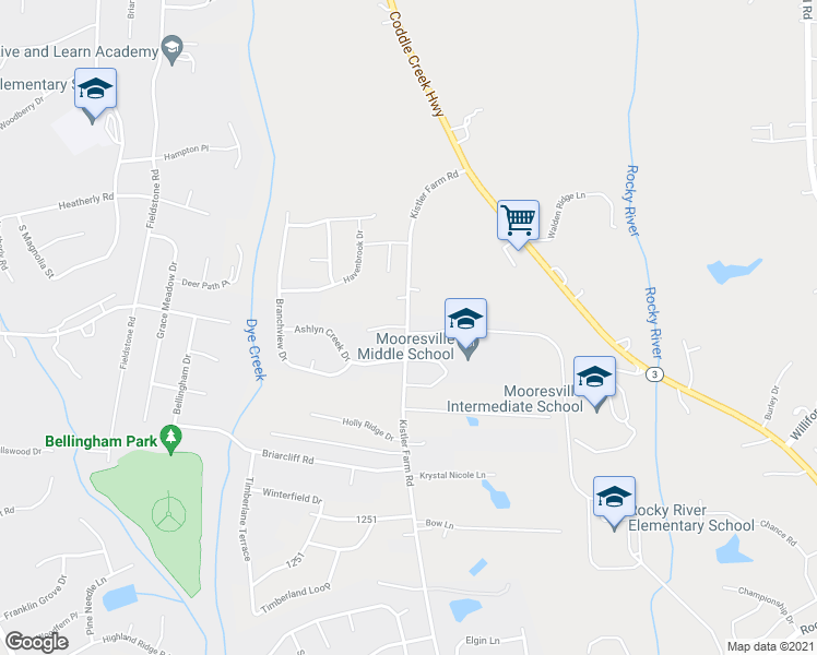 map of restaurants, bars, coffee shops, grocery stores, and more near 223 Kistler Farm Road in Mooresville