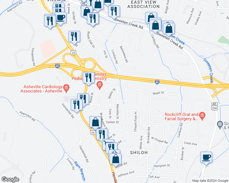 map of restaurants, bars, coffee shops, grocery stores, and more near 14 Wales Street in Asheville