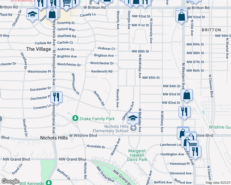 map of restaurants, bars, coffee shops, grocery stores, and more near 8400 Waverly Avenue in Nichols Hills
