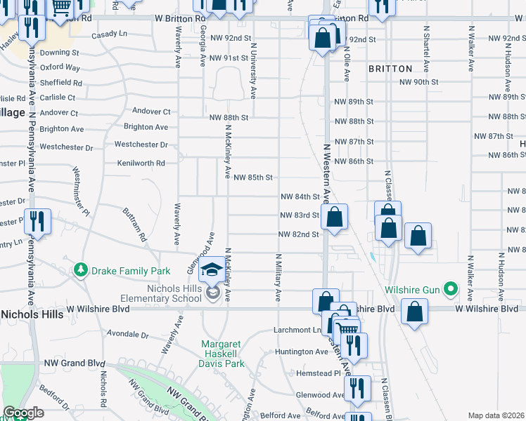 map of restaurants, bars, coffee shops, grocery stores, and more near 8405 North Military Avenue in Oklahoma City