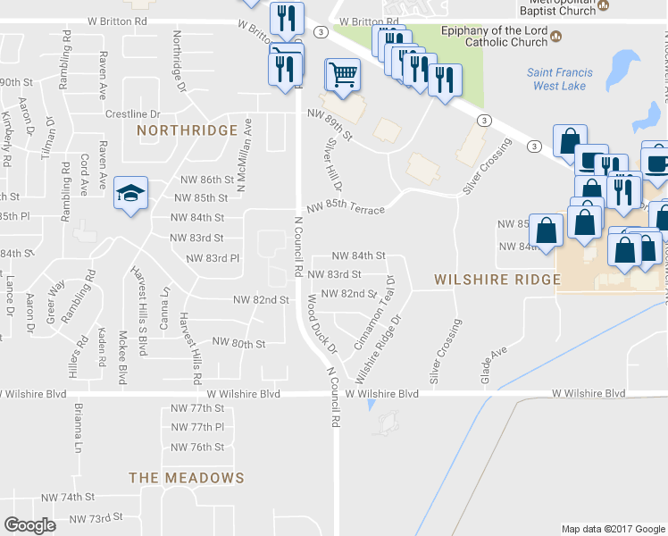 map of restaurants, bars, coffee shops, grocery stores, and more near 7913 Northwest 83rd Street in Oklahoma City
