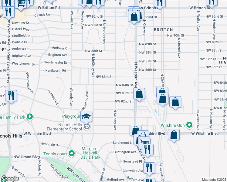 map of restaurants, bars, coffee shops, grocery stores, and more near 8405 North Military Avenue in Oklahoma City