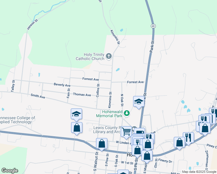 map of restaurants, bars, coffee shops, grocery stores, and more near 408 Kimmins Street in Hohenwald