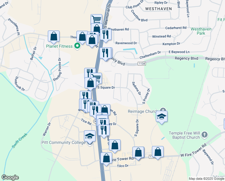 map of restaurants, bars, coffee shops, grocery stores, and more near 587 Square Street in Greenville