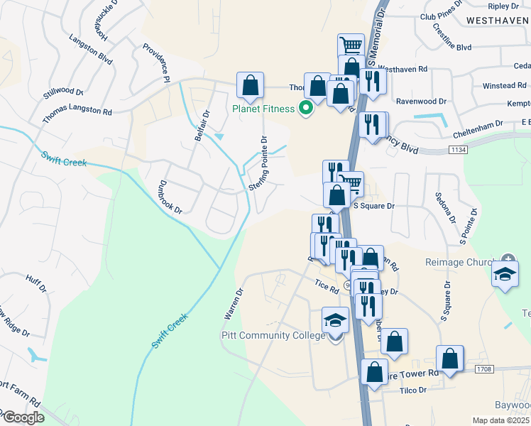 map of restaurants, bars, coffee shops, grocery stores, and more near 3913 Sterling Pointe Drive in Winterville