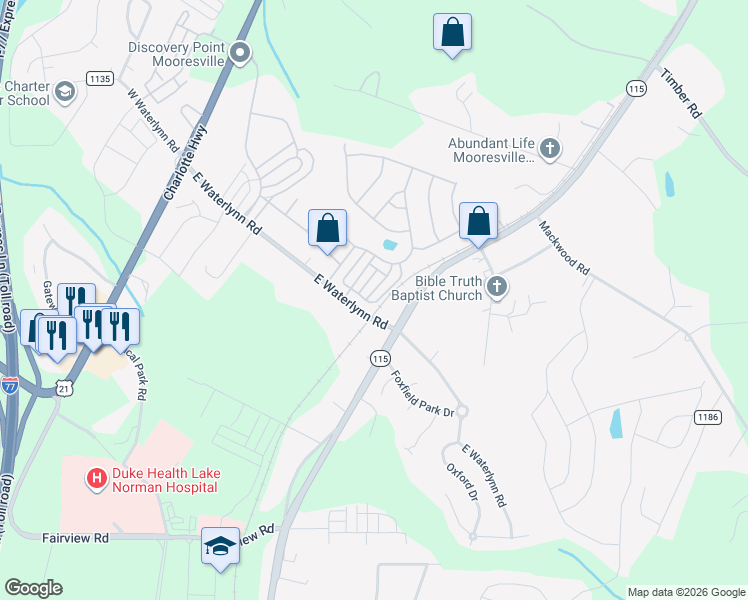 map of restaurants, bars, coffee shops, grocery stores, and more near 116b Morning Mist Lane in Mooresville
