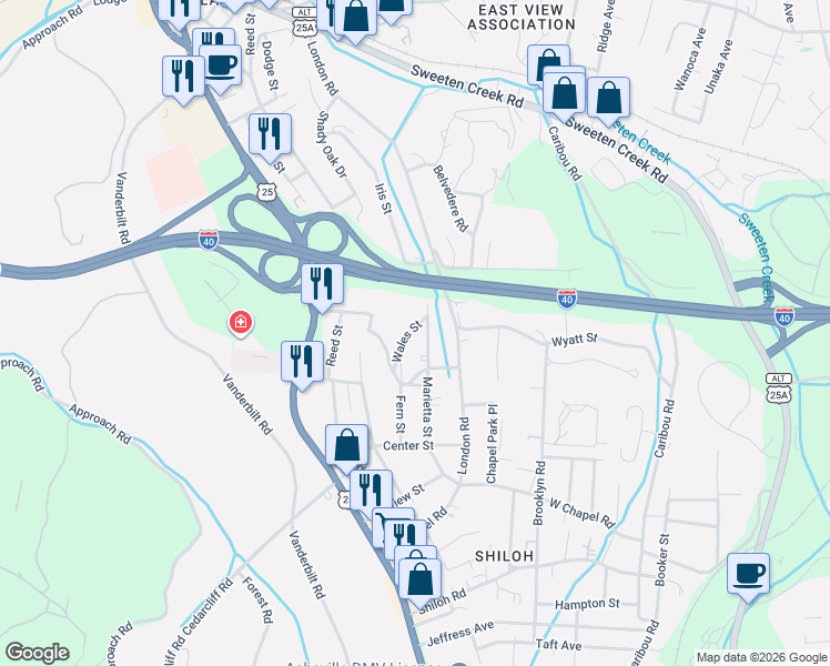 map of restaurants, bars, coffee shops, grocery stores, and more near 99999 Wales Street in Asheville