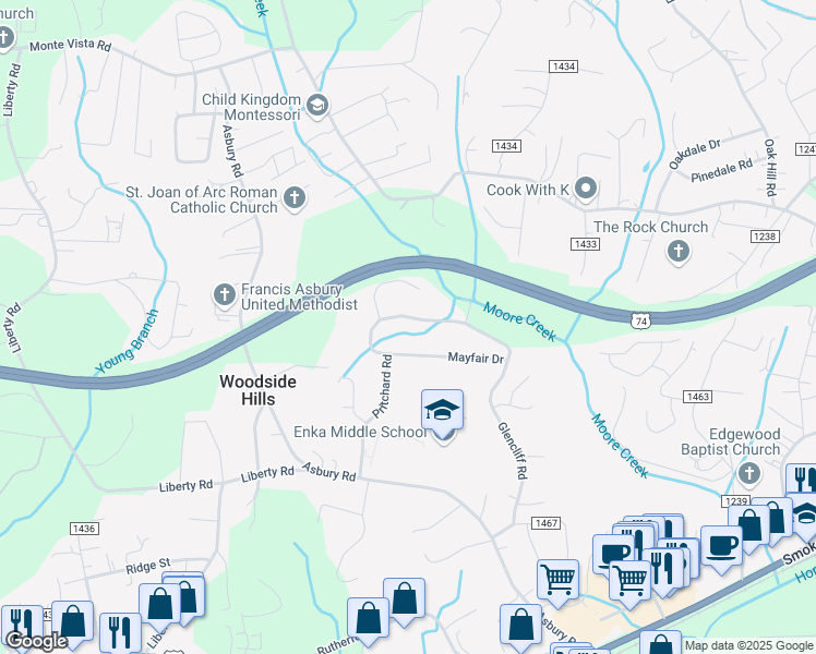 map of restaurants, bars, coffee shops, grocery stores, and more near 28 Mayfair Drive in Candler