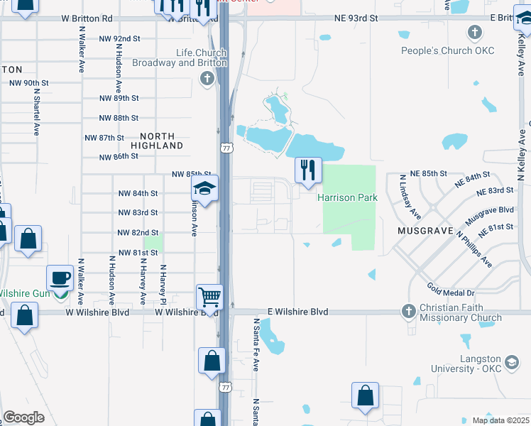 map of restaurants, bars, coffee shops, grocery stores, and more near 1-99 Northwest 82nd Street in Oklahoma City