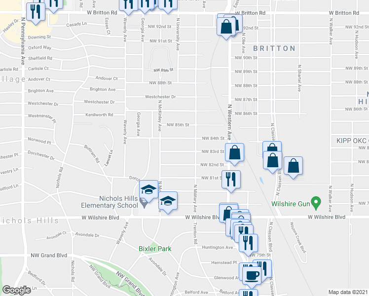 map of restaurants, bars, coffee shops, grocery stores, and more near 8405 North Military Avenue in Oklahoma City