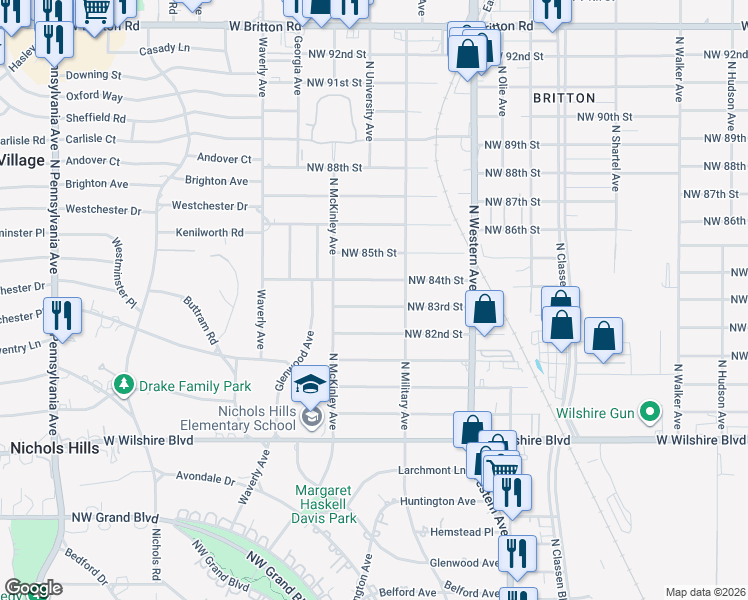 map of restaurants, bars, coffee shops, grocery stores, and more near 1237 Northwest 83rd Street in Oklahoma City