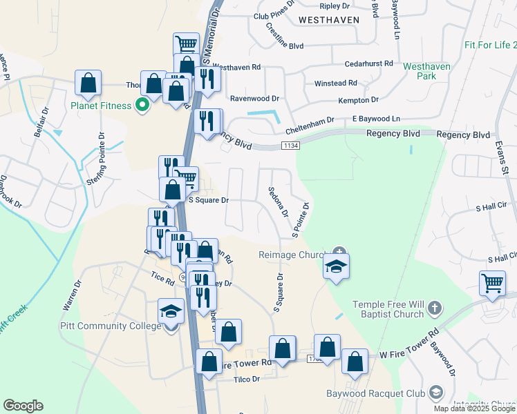 map of restaurants, bars, coffee shops, grocery stores, and more near 4000 Lucerne Court in Winterville