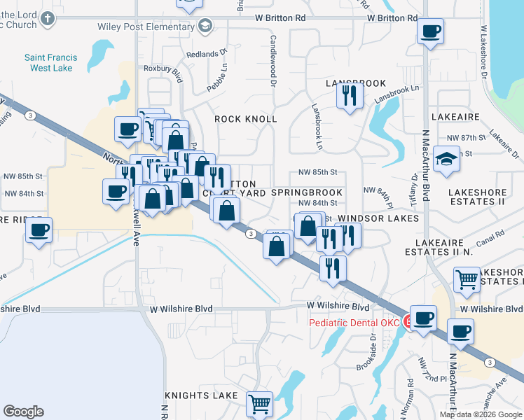 map of restaurants, bars, coffee shops, grocery stores, and more near 8337 Candlewood Drive in Oklahoma City