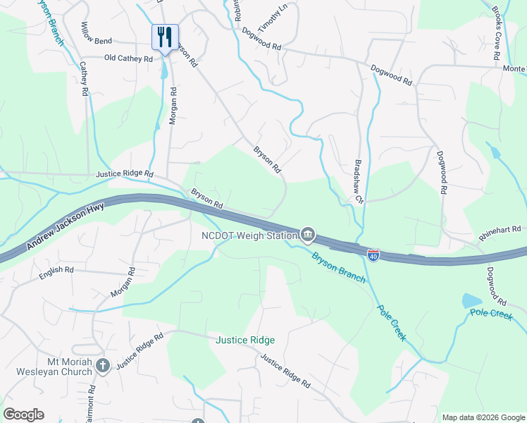 map of restaurants, bars, coffee shops, grocery stores, and more near 531 Bryson Road in Candler