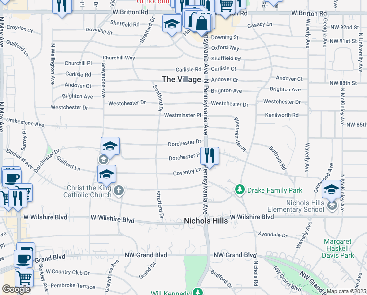 map of restaurants, bars, coffee shops, grocery stores, and more near 1708 Dorchester Drive in Nichols Hills