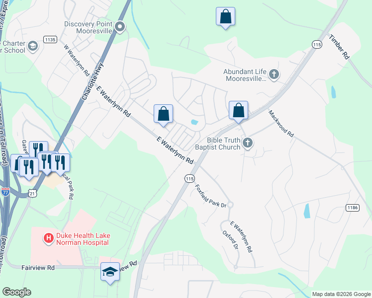 map of restaurants, bars, coffee shops, grocery stores, and more near 116b Morning Mist Lane in Mooresville