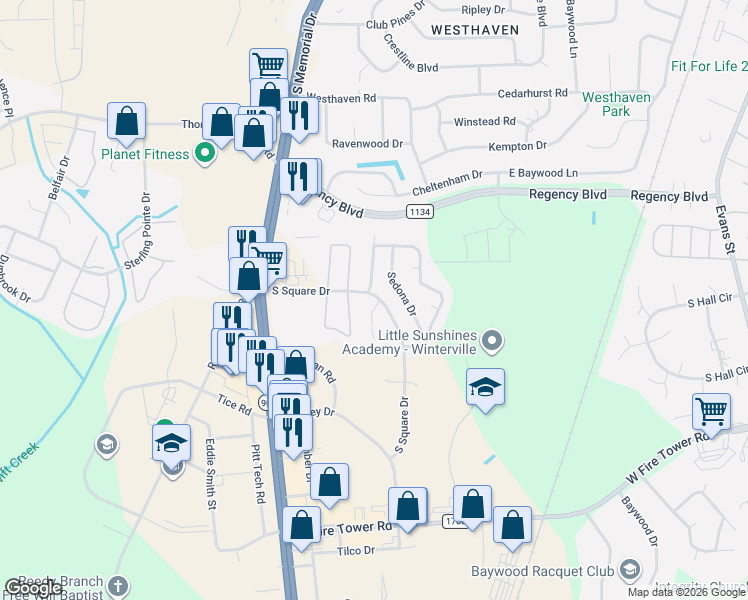 map of restaurants, bars, coffee shops, grocery stores, and more near 4000 Lucerne Court in Winterville
