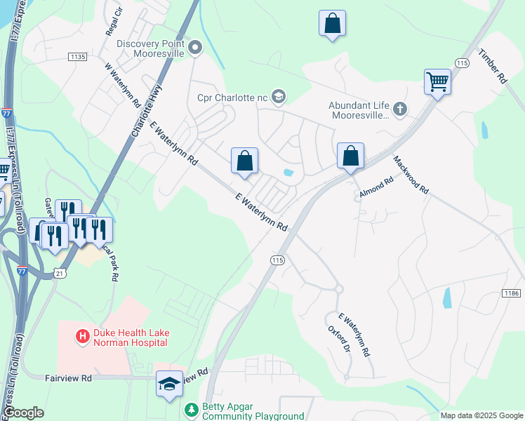 map of restaurants, bars, coffee shops, grocery stores, and more near 233 East Waterlynn Road in Mooresville